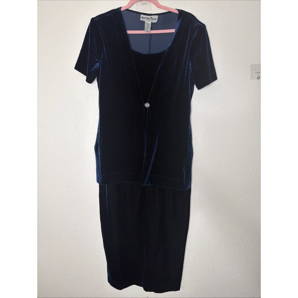 Vtg Another Thyme Dress‎ Sz 8 Blue Velvet Short Sleeve Midi Holiday Cocktail